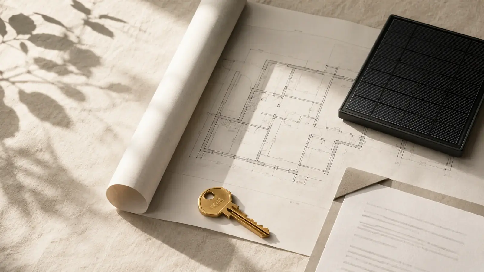 Overhead view of an architectural blueprint, a brass house key, and a black solar panel sample on a warm cream linen surface with soft leaf shadows