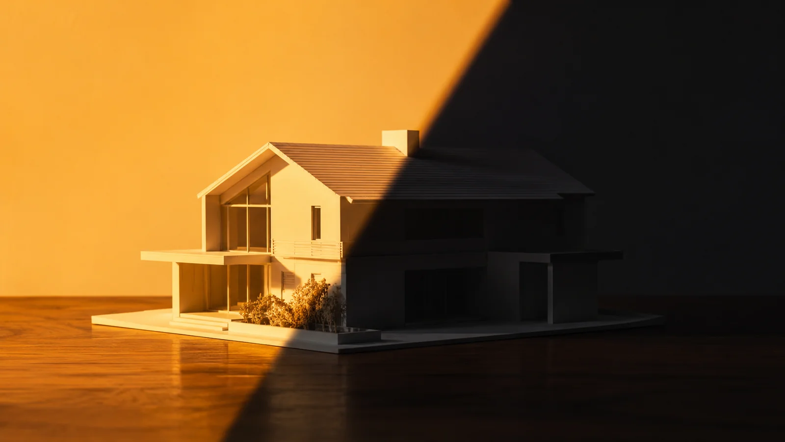 A small architectural house model on a walnut surface, lit half in warm amber light and half in deep cool shadow — visualizing the decision between solar loan and solar lease