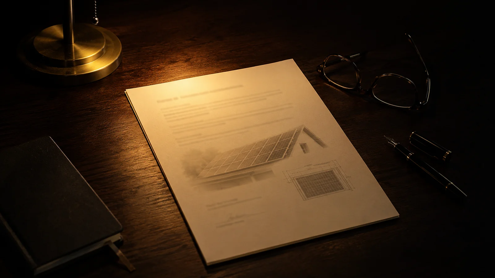 A solar installation contract on a dark walnut desk with a brass desk lamp casting warm golden light